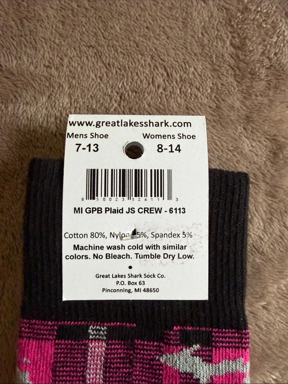 Pink Plaid Crew Socks with Shark Motif